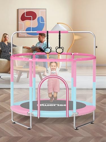 55IN 6FT Toddler Trampoline for Kids Indoor Outdoor Play for Kids Trampoline Basketball Hoop Attachment with Enclosure Net Easy to Assemble