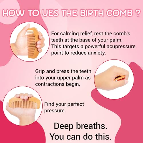 SIMPOR 3-in-1 Labor Comb and Massage Ball Set, Wooden Birth Comb with Acupressure Spiky Ball and Roller, Natural Wood Labor and Delivery Essentials for Pain Management, Pregnancy and New Mom Gifts