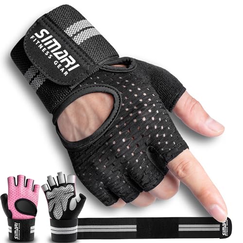 SIMARI Breathable Workout Gloves for Men Women, Padded Weight Lifting Gloves with Wrist Wraps Support, Full Palm Protection, Grip for Gym Training, Fitness, Weightlifting, Exercise Fingerless Black - color: 1a-Ashy Black, size: Medium