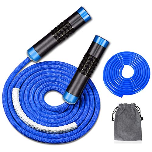 Redify Weighted Jump Rope for Workout Fitness(1LB), Tangle-Free Ball Bearing Rapid Speed Skipping Rope for MMA Boxing Weight-loss,Aluminum Handle Adjustable Length 9MM Fabric Cotton+9MM Solid PVC Rope - color: Blue
