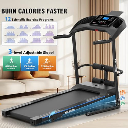 Foldable Treadmill with Sit Up Bench, 2025 Upgrade 3.5HP Portable Treadmills for Home with Incline 350 lbs Capacity, Smart LCD Display Body Fat& Heart Rate, Multifunction Exercise Equipment