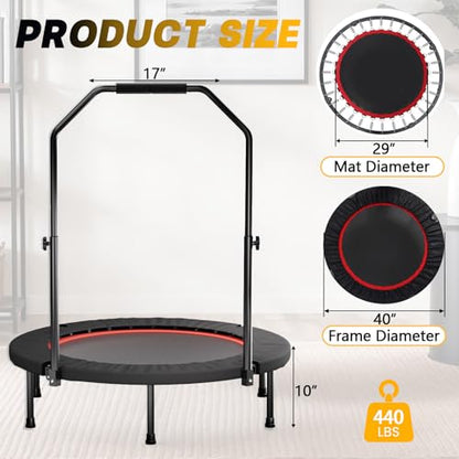 40'' Fitness Trampoline with 4 Levels Height Adjustable Foam Handle, Foldable Mini Rebounder for Adults Home Indoor Workout, 6-Leg Exercise Trampoline, Max Load 330lbs - color: Black with Handle