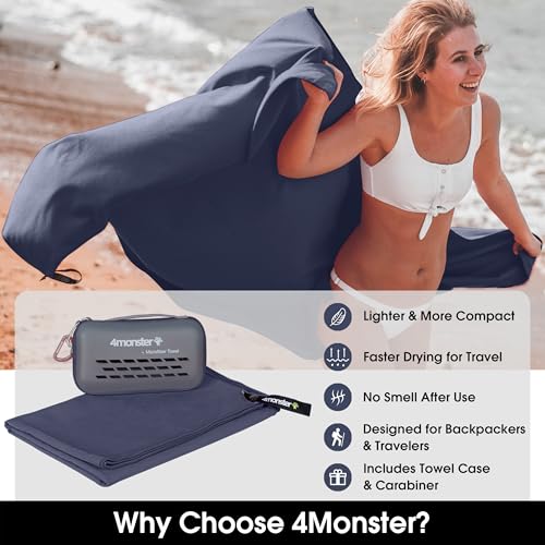 4Monster Quick Dry Travel Towel with Case & Carabiner – Super Absorbent Microfiber Gym & Camping Towel. Compact, Lightweight, Fast Drying for Beach, Swimming, Hiking, Backpacking