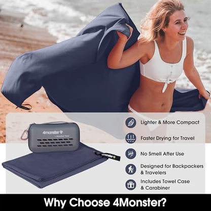 4Monster Quick Dry Travel Towel with Case & Carabiner – Super Absorbent Microfiber Gym & Camping Towel. Compact, Lightweight, Fast Drying for Beach, Swimming, Hiking, Backpacking