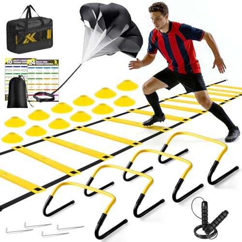 Agility Ladder, Soccer Football Training Equipment- 20ft Speed Ladder, 4 Hurdles,Parachute,Cones & Jump Rope | Agility & Speed Training for Kids Youth Adults,Basketball Football Accessories (Yellow) : Sports & Outdoors - color: Yellow