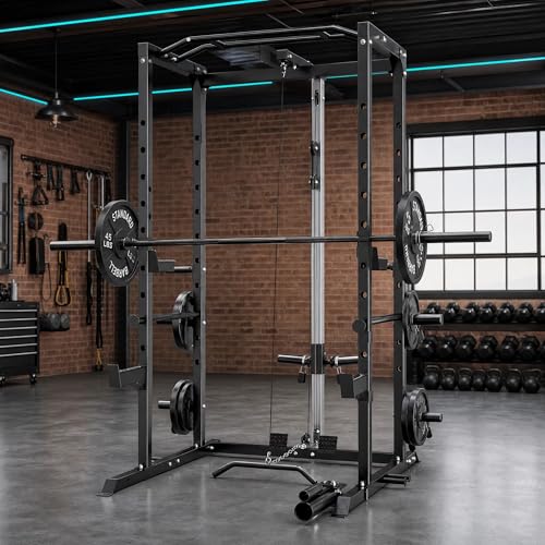 KOPUS Power Rack with Pulley System – Multi-Functional Power Cage Squat Rack, LAT Pull Down, J Hooks & Safety Bars – 1200 lbs Home Gym Equipment – 5 Configurations - size: Cage + Pulley + Bench