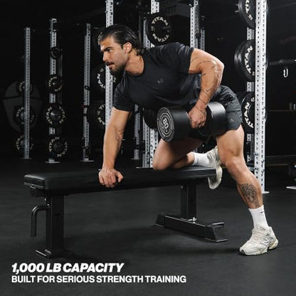 Titan Fitness Elite Series Single Post Flat Bench, Rated 1,000 LB, 2.5" Thick HeftyGrip Vinyl Pad, Dedicated Home Gym Competition Weightlifting & Strength Training Utility Bench - color: Black