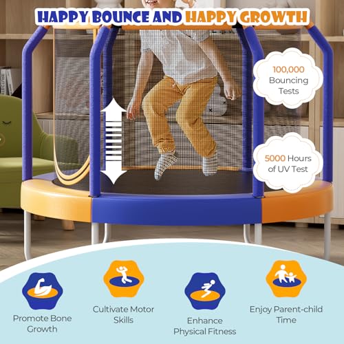 GYMAX Trampoline for Kids, 48” Toddler Trampoline with Enclosure Net, Non-Slip Handrail & Anti-Slip Foot Pads, Mini Kids Trampoline for Indoor/Outdoor, Backyard, Birthday Gift for Boys Girls