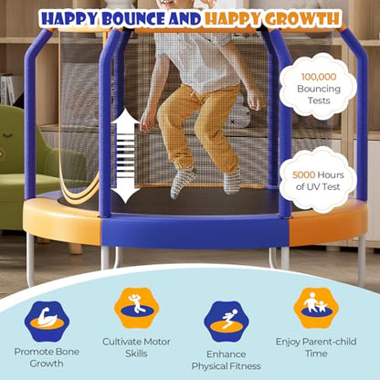 GYMAX Trampoline for Kids, 48” Toddler Trampoline with Enclosure Net, Non-Slip Handrail & Anti-Slip Foot Pads, Mini Kids Trampoline for Indoor/Outdoor, Backyard, Birthday Gift for Boys Girls