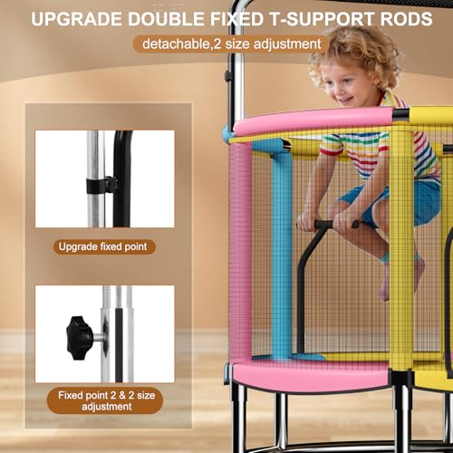 55" Trampoline for Kids,Up to 440 Ibs Mini Trampoline with Anti-Rollover Round Bottom,Indoor & Outdoor Toddler Trampoline with Safety Enclosure,Adjustable Gymnastics Bars,Basketball Hoop