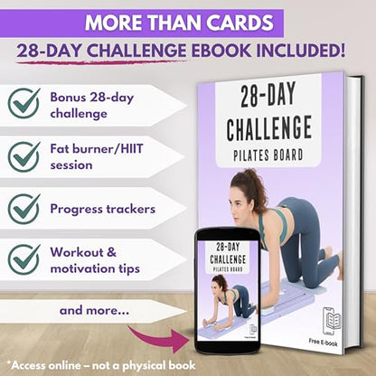 Pilates Board Workout Cards – 67 Exercise Cards with Videos & Workout Plan - Includes 5-Week Challenge, Ebook, Progress Chart & 2 Rings for Easy Organization - Home Portable Reformer Guide for Women
