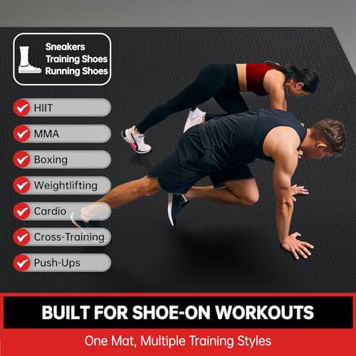 GymCope Large Exercise Mat for Home Workout,12‘x6’/10'x6'/9'x6'/8'x6'/7'x5'/6'x4' (7mm) Extra Thick Workout Mat, High-Density Gym Mat for Cardio, Jump Rope, MMA, Weights (Shoe-Friendly)