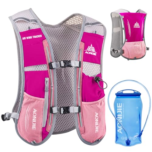 Running Water Bottles Flask BPA Free Leakproof Hydration Vest Packs Waist Belt Replacement for Triathlon Marathon Hiking Cycling Climbing Runner - color: #4 Rose Red (5L) with a 1.5L Hydration Bladder