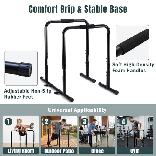 OLIXIS Dip Bar, Adjustable Heavy Duty Dip Bar Station with Soft High-Density Foam Handles, Stabilizer Parallel Parallette Bar Fitness Equipment for Home, Gym, Patio, Office - Black