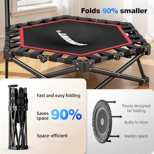 EAST MOUNT 42" Foldable Mini Trampoline for Adults, Quiet Fitness Rebounder with Adjustable Handle, No-Assembly Indoor Exercise Trampoline, 450LBS Capacity