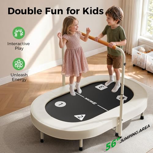 BCAN BT6 56IN 2-Person Kids Trampoline, Safe-Elastic Band Foldable Frame Trampoline for Kids 1-8, ASTM Certified-Toddler Trampoline Indoor with Adjustable Stable Handlebar, Load 220lbs