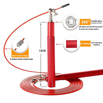 Speed Jump Rope - 360° Swivel Ball Bearing - Adjustable steel coated rope-Aluminum Anti Skipping Handle -Fitness Training Boxing Sports Exercises -Suitable for Kids and Adults - color: Red