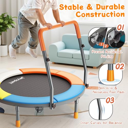 Premium 3FT Foldable Toddler Trampoline for Kids Ages 3-6, 36 Inch ASTM Certified Mini Trampoline with Adjustable Handle, 100 lbs Capacity, Quiet Elastic Bands, Safe for Indoor Outdoor Use - style: Classic New