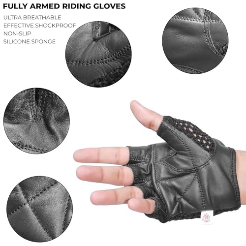 Leather Padded Crochet Back Breathable Fingerless Weight Lifting, Cycling Workout Gloves, Black (Large)