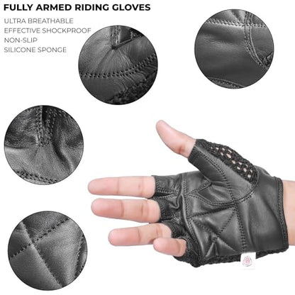Leather Padded Crochet Back Breathable Fingerless Weight Lifting, Cycling Workout Gloves, Black (Large)