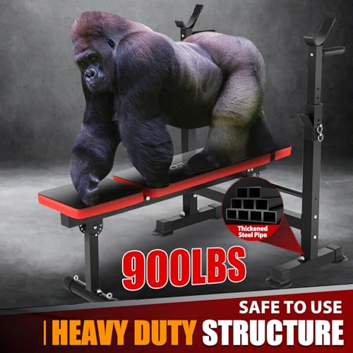 OPPSDECOR 900LBS Weight Bench Set for Home Gym, 6-in-1 Foldable Bench Press Set with Leg Extension, Leg Curl, Preacher Curl Pad, Barbell Rack, Squat Rack for Full Body Workout, Strength Training