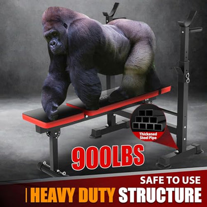 OPPSDECOR 900LBS Weight Bench Set for Home Gym, 6-in-1 Foldable Bench Press Set with Leg Extension, Leg Curl, Preacher Curl Pad, Barbell Rack, Squat Rack for Full Body Workout, Strength Training