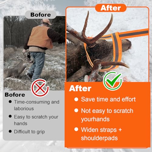 1.2mm Thickened Deer Drag Sleds with Rope, Tear-Resistant Cart Game Hauler with Storage Bag, Dual Deer Drag Harness Strap, Widen Shoulder for Hunting Accessories(Tapered-Anti Slip, Orange)
