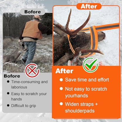 1.2mm Thickened Deer Drag Sleds with Rope, Tear-Resistant Cart Game Hauler with Storage Bag, Dual Deer Drag Harness Strap, Widen Shoulder for Hunting Accessories(Tapered-Anti Slip, Orange)
