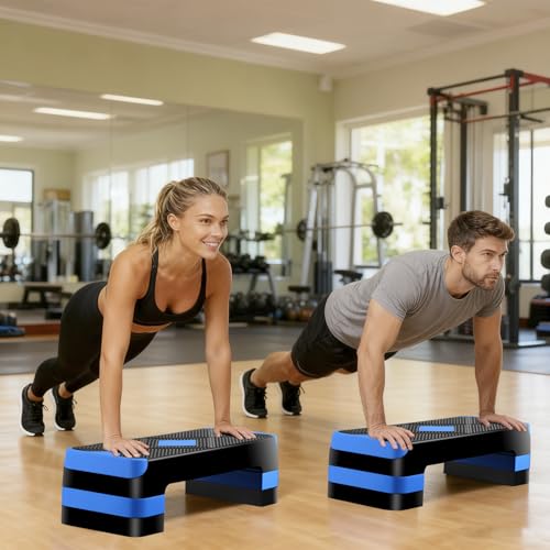 26.5" Height Adjustable Step Aerobic Platform with 4 Risers, Exercise Workout Stepper for Home Training, Gym Fitness, 4''- 6'' - 8'', 400 lbs Capacity - color: Blue