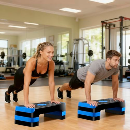 26.5" Height Adjustable Step Aerobic Platform with 4 Risers, Exercise Workout Stepper for Home Training, Gym Fitness, 4''- 6'' - 8'', 400 lbs Capacity - color: Blue