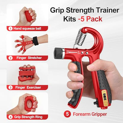 Grip Strength Trainer Kit (5 Pack) Adjustable Resistance Hand Gripper,Finger Exerciser,Hand Extension Exerciser,Stress Relief Ball and Forearm Workout Ring for Muscle Building Injury Recover - color: red