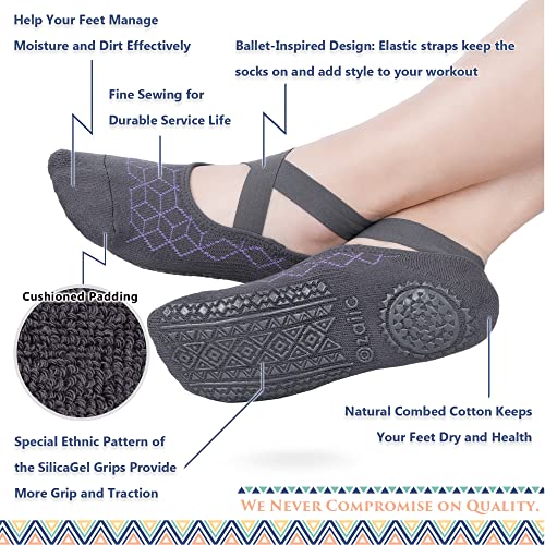 Ozaiic Pilates Socks for Women Non Slip Grip Yoga Barefoot Indoor Workout - color: 4 Pairs -Blue/Purple/Pink/Dark Gray