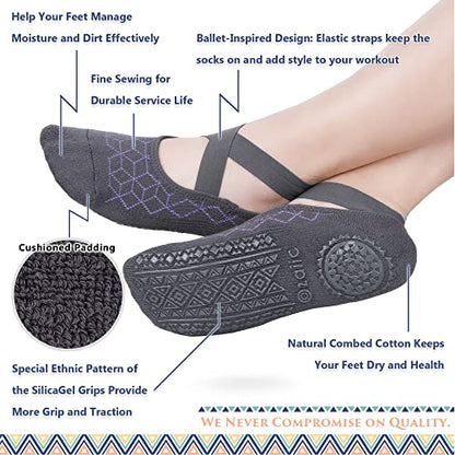 Ozaiic Pilates Socks for Women Non Slip Grip Yoga Barefoot Indoor Workout - color: 4 Pairs -Blue/Purple/Pink/Dark Gray
