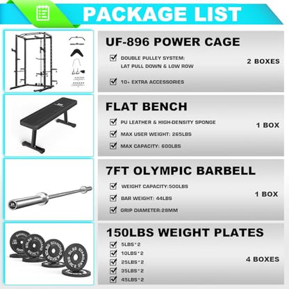 Power Cage, Multi-Functional Power Rack with J-Hooks, Dip Handles, Landmine Attachment and Optional Cable Pulley System for Home Gym - size: 150LB Weights Package black+Flat Bench