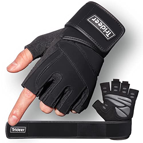Trideer Workout Gloves for Men, Weight Lifting Gloves with Wrist Wrap Support, Full Palm Protection & Extra Grips for Weightlifting, Exercise, Cross Training, Fitness, Pull-up - color: Black-Wrist, size: Medium