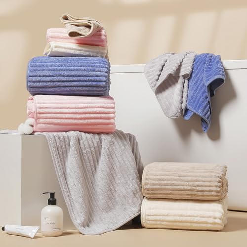 10 PCS Rainbow Coral Fleece Towels Set - Super Absorbent,Extra Large Size, Cost-Effective(Milk White, Deep Blue, Coffee, Pink, Gray)