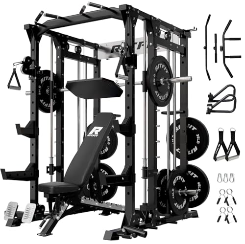 RitFit Buffalo Smith Machine, Power cage with LAT-Pull Down System & Cable Crossover System, All-in-One Squat Rack for Home Gym, Power Rack - color: BLACK, size: Package(With BP260)