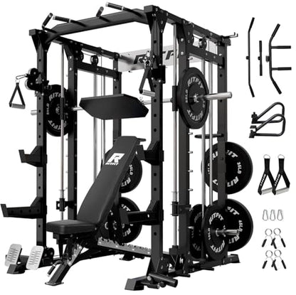 RitFit Buffalo Smith Machine, Power cage with LAT-Pull Down System & Cable Crossover System, All-in-One Squat Rack for Home Gym, Power Rack - color: BLACK, size: Package(With BP260)