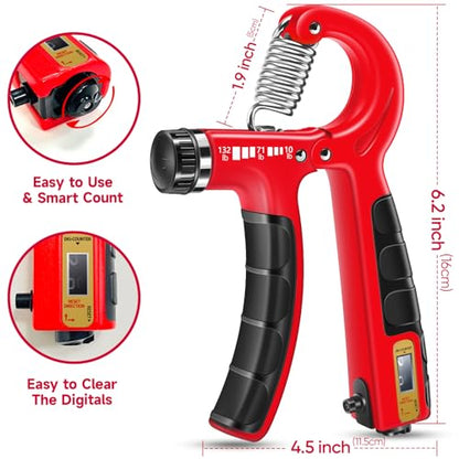 FitBeast Hand Grip Strengthener Workout Kit (5 Pack), 2 Forearm Grip Adjustable Resistance Hand Gripper, Finger Stretcher, Grip Ring & Stress Relief Grip Ball for Athletes - color: Crimson