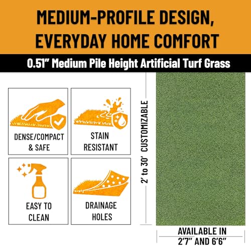 Ottomanson Artificial Grass Turf Runner Pro 31" x 20', Fake Grass Rug for Gym Turf Lane, Putting Green & Sled Training, Indoor Outdoor Turf Mat with Drainage Holes, UV Resistant