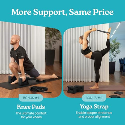 PRO Yoga Blocks | Ergonomic Yoga Block 2 Pack for Wrist Comfort and Support | EVA Foam Exercise Blocks, 2x Knee Pads & Yoga Strap | Pilates Block Set | Bricks to Eliminate Wrist Pain - color: Black