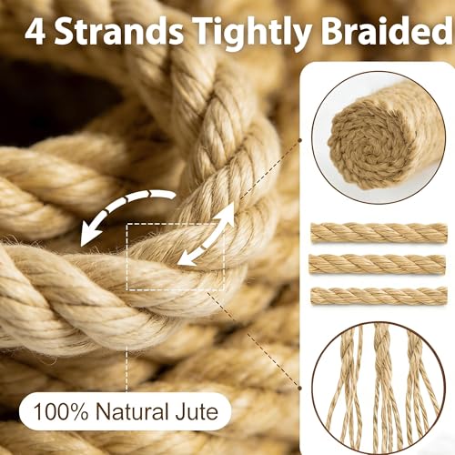 Jute Rope Natural Jute Manila Rope Nautical Hemp Ropes Twisted Natural Thick Heavy Duty Ropes for Crafts, Bundling,Anchor, Hammock, Nautical, Tug of War, Railings,Decorate (1-1/2 in X 100 Ft)