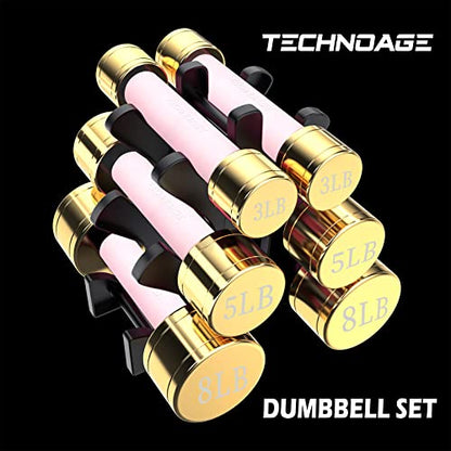 TECHNOAGE Round Dumbbell Sets with Steel Handle, Odorless Neoprene rubber Handle Cover - color: Pink-6PC