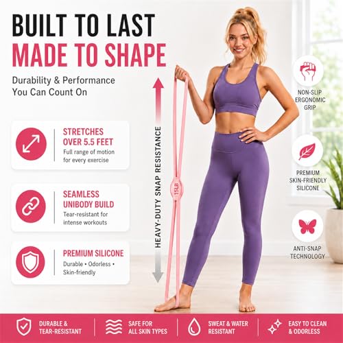 Figure 8 Resistance Bands, No-Foam Silicone 15 & 25 LB Set | No-foam washable silicone figure 8 bands for arms, back, glutes, Pilates, stretching, home workouts and travel