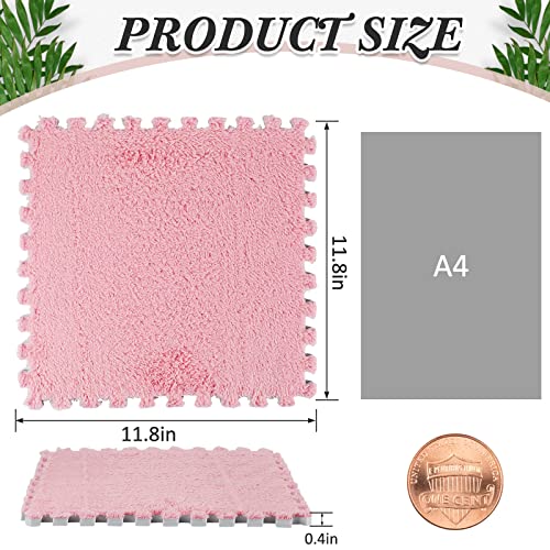 18 Pcs Plush Foam Floor Mat Square Interlocking Carpet Tiles with Border Fluffy Play Mat Floor Tiles Soft Climbing Area Rugs for Home Playroom, 12 x 12 x 0.4 in(White, Pink, Gray)