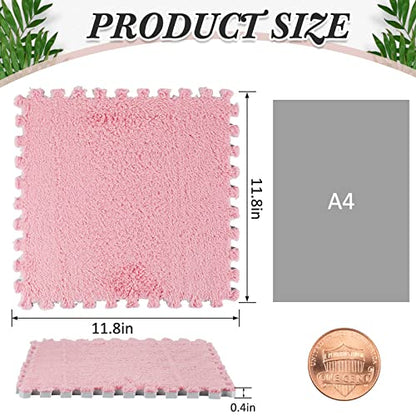18 Pcs Plush Foam Floor Mat Square Interlocking Carpet Tiles with Border Fluffy Play Mat Floor Tiles Soft Climbing Area Rugs for Home Playroom, 12 x 12 x 0.4 in(White, Pink, Gray)