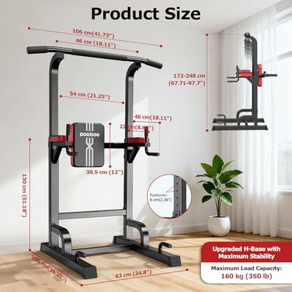 Pooboo Power Tower Dip Station Pull Up Bar for Fitness Home Gym Workout,450 Pounds Multi-Function Adjustable Height Fitness Strength Training Exercise Equipment,with Power Elastic Ropes