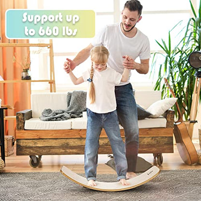 Goplus Wobble Board, 35Inch Wooden Balance Board for Kids & Adults Support 660LBS, Toddler Open-ended Learning Toy Yoga Curvy Rocker Board for Balance Training, Home Exercise (12 INCH Width)
