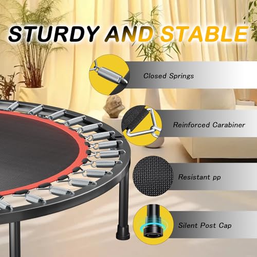 40'' Fitness Trampoline with 4 Levels Height Adjustable Foam Handle, Foldable Mini Rebounder for Adults Home Indoor Workout, 6-Leg Exercise Trampoline, Max Load 330lbs - color: Black with Handle