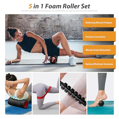 5 in1 Foam Roller Set, Trigger Point Foam Roller, Massage Roller Stick, Massage Ball, Resistance Band for Deep Muscle Massage Pilates Yoga,Fitness Exercise for Whole Body (Black-Red) - color: Black-red